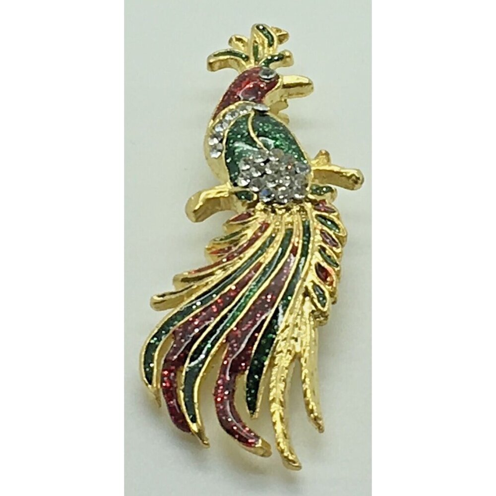 Bird Of Paradise Brooch Rhinestones Enamel  Gold Tone Red Green  Pin Sparkly